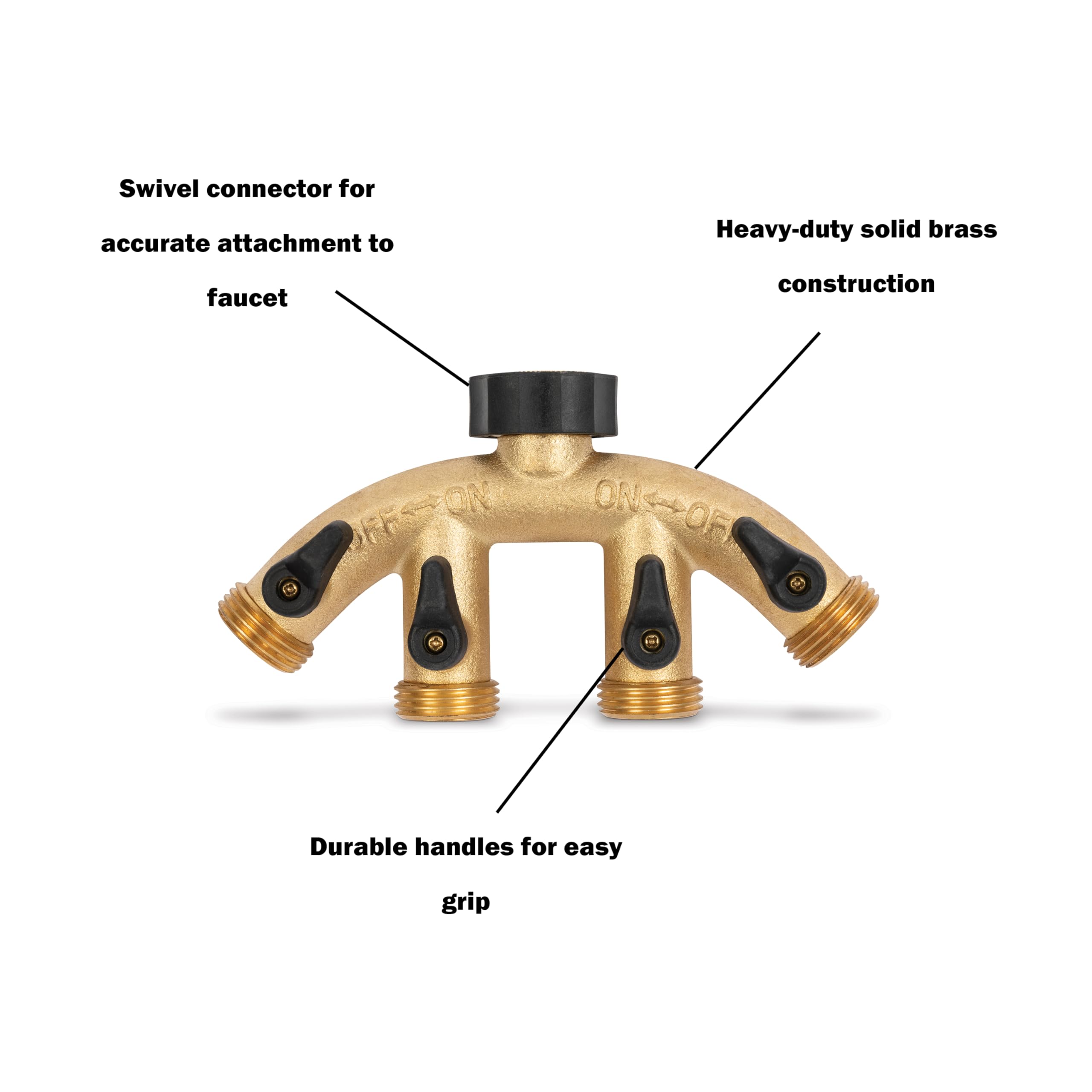 Gilmour Heavy Duty Metal 4 Way Garden Hose Splitter, Quad Water Hose Splitter with Shut Off Valve, Brass Water Manifold - Image 3